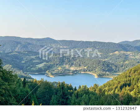 Mountain lake surrounded by dense green forest and hills, in natural daylight. 131232647