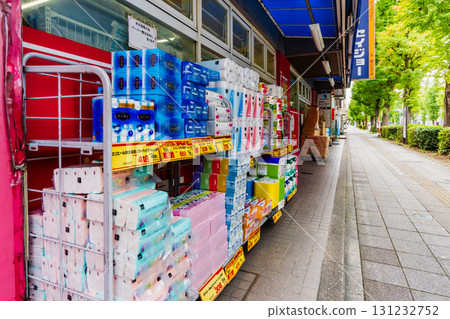 Supermarket products lined up on the sidewalk 131232752
