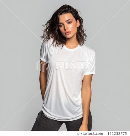 Mockup photo of a female model wearing a plain white T-shirt 131232775