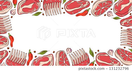 Border frame with different meat cut steak, rib and chop in a flat style. Ideal for food package, flyers, butcher shop design and restaurant menu. 131232796