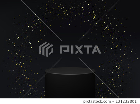 Elegant black cylindrical podium on dark background surrounded by shimmering golden particles for luxury presentation Elegant black cylindrical podium on dark background surrounded by shimmering golden particles for luxury presentation 131232801