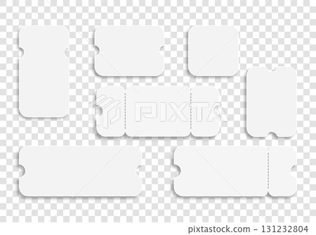 Collection of clean white vector ticket with perforated edges and cutout corners on a transparent background 131232804