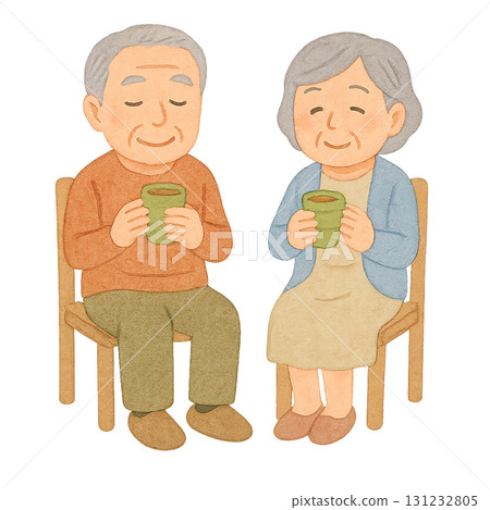 一對老年夫婦喝茶的生活插畫素材（剪下） 131232805