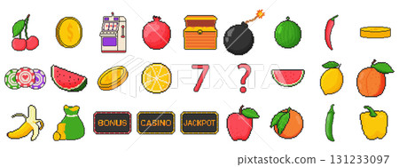 8 bit board game icon set. Pixel art object. Old school computer graphic style. Slot machine, coins, fruits, crown, bomb. 131233097