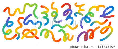 Rainbow gradient squiggle lines. Bright abstract doodle strokes with fluid color and playful waves. Rainbow gradient squiggle lines. Bright abstract doodle strokes with fluid color and playful waves. 131233106