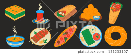 Turkish national food set. Traditional dishes. Baklava, doner kebab, shawarma, kebab, tea, dolma, pide, fried carrot balls, lentil soup 131233107