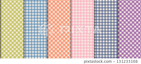 Vichy gingham plaid pattern set. Cute tartan textile texture for dresses, skirts, scarves, and kids clothing. 131233108