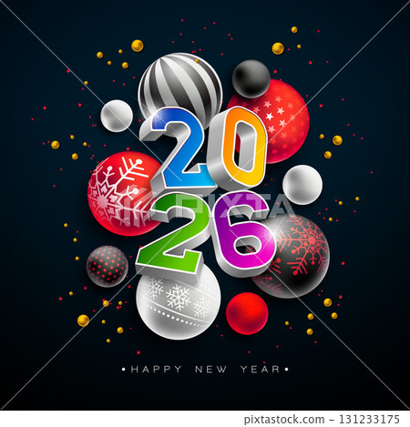 2026 Happy New Year Greeting Card Design with 3D Typography Number and Christmas Ball on Black Background. Holiday Illustration with Christmas Ornaments for Calendar, Flyer, Banner, Celebration Poster 2026 Happy New Year Greeting Card Design with 3D Typography Number and Christmas Ball on Black Background. Holiday Illustration with Christmas Ornaments for Calendar, Flyer, Banner, Celebration Poster 131233175