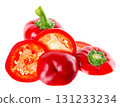 Sweet round peppers isolated on white background. Ripe round red paprika. Clipping path. 131233234