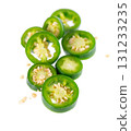 Fresh jalapeno pepper isolated on white background. Slices of green hot serrano pepper. Clipping path. 131233235