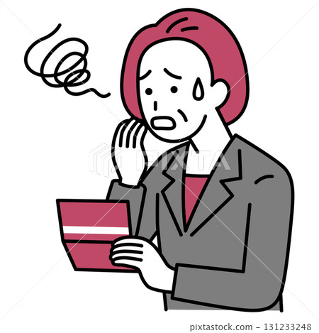 A middle-aged woman in a suit is confused when she looks at her bankbook A middle-aged woman in a suit is confused when she looks at her bankbook 131233248