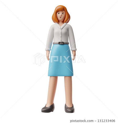 Businesswoman with red hair 3d plastic style, vector cartoon standing lady wear white blouse and skirt full height 131233406