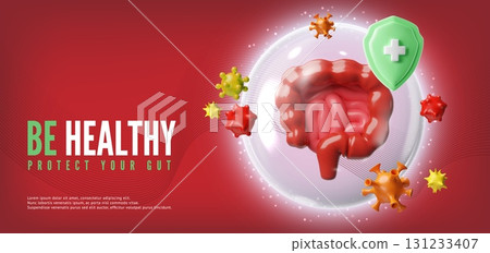 3d banner with gastrointestinal tract organs in a protective bubble, shield and bacteria. 3d banner with gastrointestinal tract organs in a protective bubble, shield and bacteria. 131233407