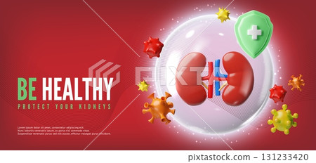 3D banner of kidneys in protective sphere, green shield, germs, red background. 131233420