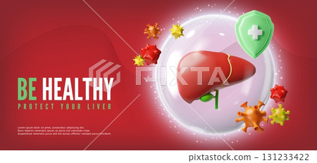 Be healthy protect your liver 3D realistic vector banner, hepatic system in protective sphere from bacteria and viruses 131233422