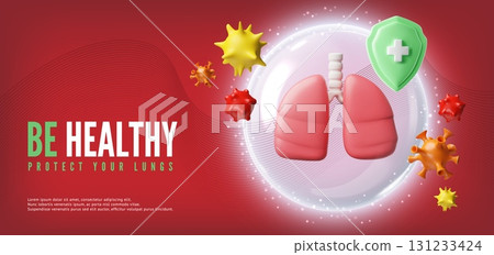 Be healthy protect your lungs 3D vector banner, lungs in protective sphere from bacteria and viruses, shield with cross Be healthy protect your lungs 3D vector banner, lungs in protective sphere from bacteria and viruses, shield with cross 131233424