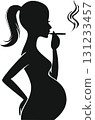 Black silhouette of a pregnant woman smoking a cigarette 131233457