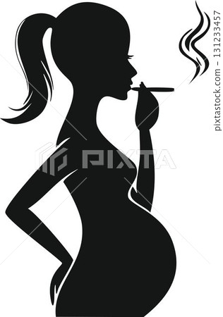 Black silhouette of a pregnant woman smoking a cigarette 131233457
