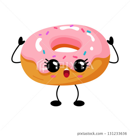 Funny kawaii donut character with pink glaze raising hands Funny kawaii donut character with pink glaze raising hands 131233636