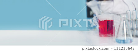 Banner Science chemistry glass tubes object on lab background. Wide Liquid tube biology laboratory chemical fluid scientist object medical glass tubes. Chemistry scientific background with Copy Space 131233642