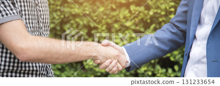 Banner Trust honesty business customer handshake together promise partner. Panorama Businessman teamwork diversity solidarity team Partner hands together. Team meeting shaking hands with copy space 131233654