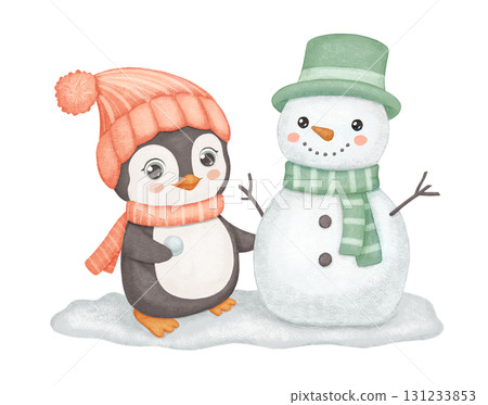Penguin in red hat and scarf with snowman on snow. Cute animal isolated on white background. Childish watercolor winter illustration for kids Penguin in red hat and scarf with snowman on snow. Cute animal isolated on white background. Childish watercolor winter illustration for kids 131233853