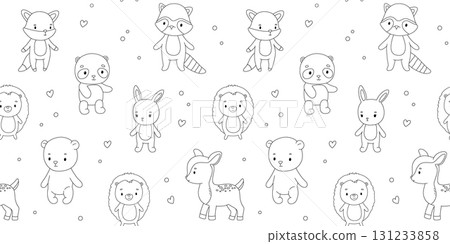 Seamless pattern with cute woodland animals, hand drawn outline illustrations set. Isolated deer, bear and bunny 131233858