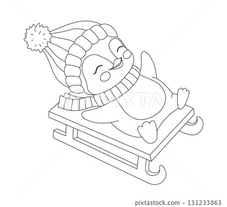 Cute baby penguin on the sled, animal in hat and scarf, winter activity, online illustration for coloring page Cute baby penguin on the sled, animal in hat and scarf, winter activity, online illustration for coloring page 131233863