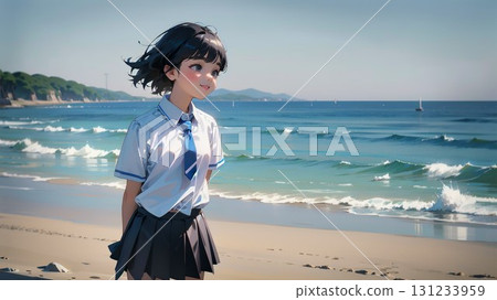 站在海灘上的高中女孩 131233959