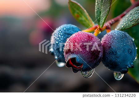 Fresh Blueberries with Water Droplets on Branch 131234220