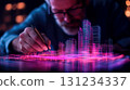 An architect brings architectural designs to life with 3D holographic construction models. The concept of innovation in architecture and futuristic design. Generative Ai. 131234337