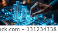 An architect brings architectural designs to life with 3D holographic construction models. The concept of innovation in architecture and futuristic design. Generative Ai. 131234338