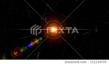 Vintage lens flare overlay with orange light on black background, abstract retro optical effect with old film scratches for cinematic video montage design 131234374
