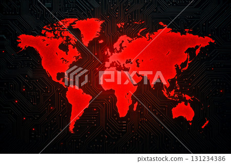 Glowing red neon world map outline on dark circuit board, futuristic concept of global network, internet connection or digital communication 131234386