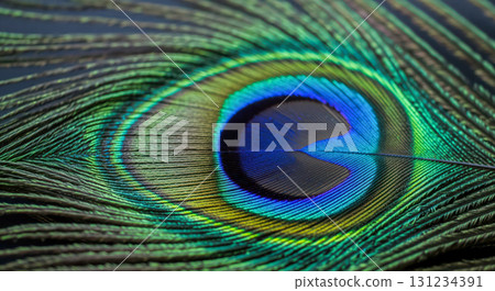 Peacock feather macro with vibrant iridescent blue and green eye pattern for beautiful and exotic nature background or abstract texture 131234391