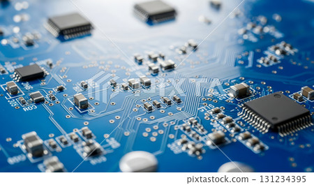 Computer hardware macro with shallow depth of field on processor and data lines for abstract digital or network innovation concept 131234395