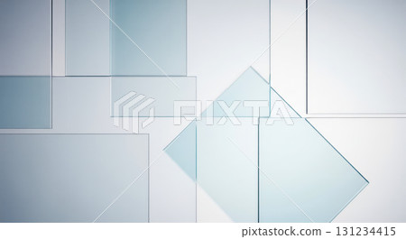 Abstract geometric glass background with transparent square and rectangle panels on clean white surface for modern minimalist design 131234415
