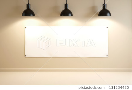 White advertising banner with metal eyelets hanging on beige wall under three spotlights in empty office room with soft shadows White advertising banner with metal eyelets hanging on beige wall under three spotlights in empty office room with soft shadows 131234420
