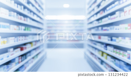 Symmetrical blurred pharmacy background, abstract drugstore aisle with shelves of medicine, clean and orderly medical or healthcare concept for presentation or banner. Symmetrical blurred pharmacy background, abstract drugstore aisle with shelves of medicine, clean and orderly medical or healthcare concept for presentation or banner. 131234422