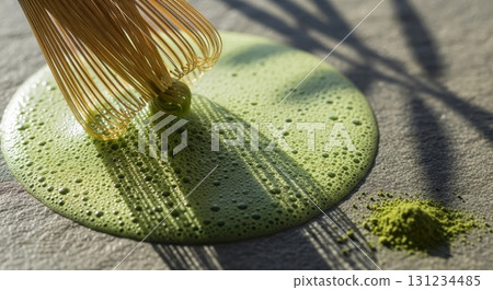 Traditional Golden Wire Whisk Whisking Green Matcha Tea Powder with Frothy Foam 131234485
