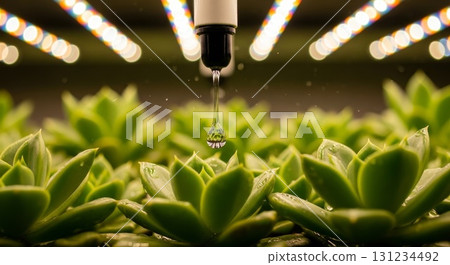 Water droplet falling on succulent plants under LED grow lights 131234492