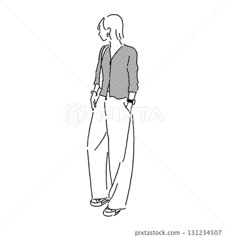 Fashion illustration of a woman with bob hair walking around town (zip cardigan x wide pants x sneakers) 131234507