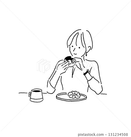 Illustration of a woman relaxing while eating a donut in a cafe (coffee time, lifestyle, relaxation scene) 131234508
