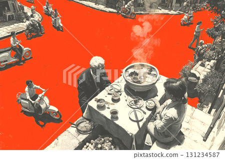 Vietnam Surreal Red Street with Shared Meal. Conceptual Illustration 131234587