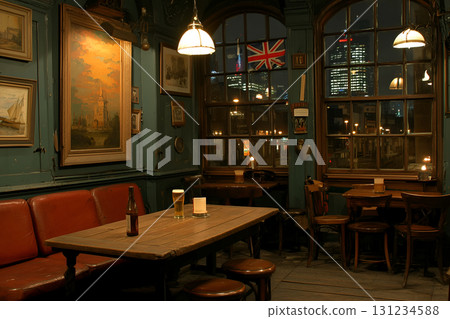 London Pub Interior with Union Jack and Modern City Skyline. Tavern Illustration London Pub Interior with Union Jack and Modern City Skyline. Tavern Illustration 131234588