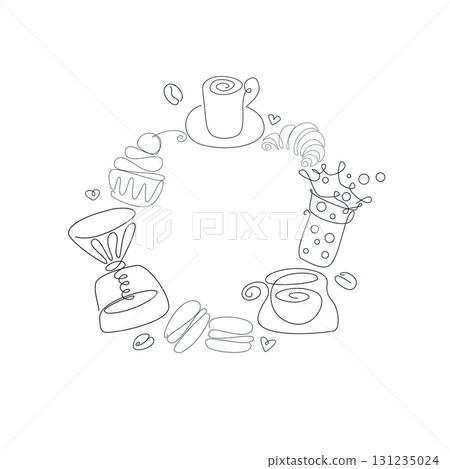 Circle with coffee sketch. Hand drawn graphic design. Black and white round with coffee mugs, cupcake, macaroon, croissant, bubble tea, hearts, beans. Vintage vector illustration. Circle with coffee sketch. Hand drawn graphic design. Black and white round with coffee mugs, cupcake, macaroon, croissant, bubble tea, hearts, beans. Vintage vector illustration. 131235024