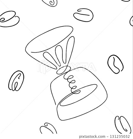 Seamless pattern of coffee, vector background. Cute beverages, hot drinks flat line icons - coffeemaker machine, beans, cup, grinder. Repeated texture for cafe menu, shop wrapping paper. 131235032