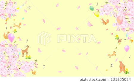 櫻花樹和油菜花下的森林動物_春天，可愛的框架插畫與飛翔的氣球向量素材 131235034