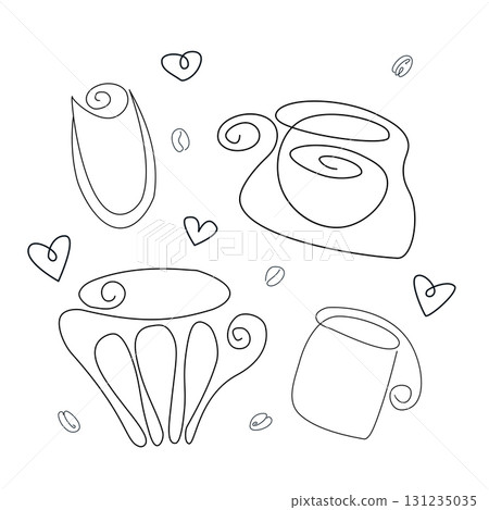 A set of plastic cups for cold drinks. Plastic cup template silhouette on isolated white background. line icon. Editable stroke. Doodle style. Vector stock illustration. 131235035