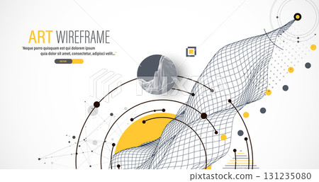 Abstract composition with wireframe wave, dots, and lines. Vector. 131235080